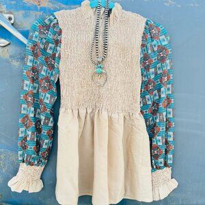 Southwestern Print Sheer Sleeve Smocked Peplum Top – XL (Fits L)